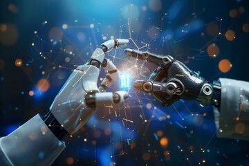 Poster - An artistic representation of human and robot hands almost touching with an AI symbol, symbolizing the synergy between humanity and technology