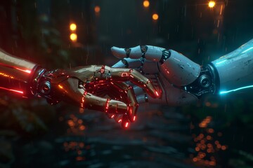 Poster - Futuristic robotic hands with red lighting connecting in a rainy setting, evoking a sense of advanced technology and robotics