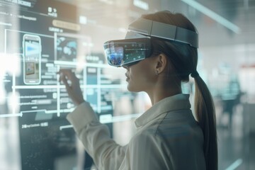 Poster - A female professional works with a holographic interface displaying data and digital content in a high-tech workspace