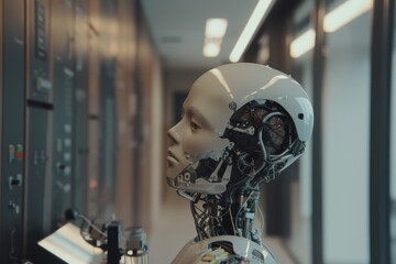 Poster - An advanced humanoid robot head profile with exposed mechanics in a high-tech laboratory setting