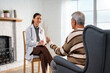 Asian caregiver nurse examine and listen to senior stress man patient. 