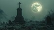 cemetery cross full moon background cryptocurrency last day earth dreary clothes gray fog dead old tombs