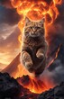 Epic fantasy scene of a fiery cat emerging from a volcanic eruption against a dramatic sky
