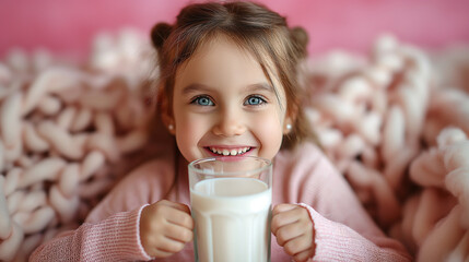 Sticker - Cute little girl with glass of milk on color background.