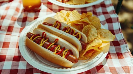 An American picnic scene unfolds outdoors featuring a classic spread of hot dogs and potato chips neatly arranged on a paper plate atop a pristine white table