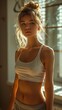 © Cary - woman white top gray pants posing curly blonde hair lens flare shape face body loft morning huge breasts clear bathed golden light teenager girl
