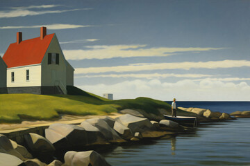 Wall Mural - a 1a 1940s style painting of a coastal town. house on a rocky cliff with ocean views.