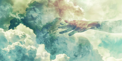 Wall Mural - Divine Intervention: The Hand from the Clouds and Earthly Scene - Picture a hand reaching down from the clouds to touch an earthly scene, illustrating the concept of divine intervention.