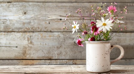 Poster - A charming arrangement of wild flowers placed in a rustic white mug set against a wooden backdrop creates the perfect template for a postcard with ample space for text This captivating imag