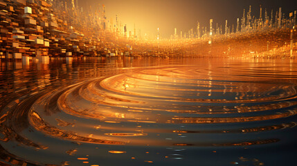 Digital technology visualization of data and tranquil lake during golden hour abstract poster web page PPT background