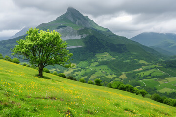 Wall Mural - A tree on the grassy hills of France, with green fields and mountains in the background, springtime, mountain peak