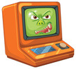 Cartoon of a green monster inside an orange computer