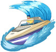 Man in speedboat riding a large blue wave