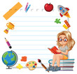 Girl reading book surrounded by educational icons