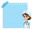 Cartoon nurse smiling beside a blank clipboard