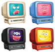 Four vintage TVs with expressive cartoon faces