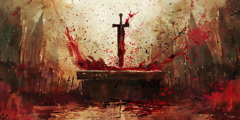 Fototapeta sacrifice: the altar and bloodied knife - visualize an altar with a bloodied knife, illustrating the willingness of cult members to make sacrifices for their beliefs