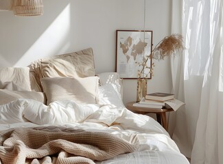  A closeup of the white bed with beige and cream pillows, a wooden bedside table holding books, a knitted blanket on top