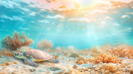 Wall Mural - Sea turtle swims in the sea under water among the bright coral reefs