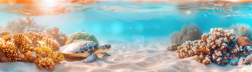 Wall Mural - Sea turtle swims in the sea under water among the bright coral reefs