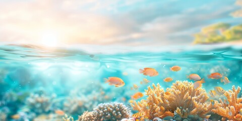 Wall Mural - Underwater nature. Coral reef in blue sea and ocean. Fascinated by the beauty of the underwater world