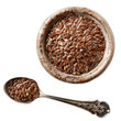 An isolated transparent background showcases a bowl filled with flax seeds next to a spoon