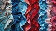 Colorful crocheted lace fabric in red, white, and blue with intricate patterns