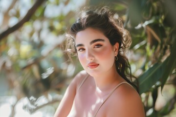 Close-up of a gorgeous young woman looking at the camera, showcasing natural beauty and simplicity