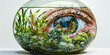 Controlled Environment: The Terrarium and Watchful Eye - Visualize a terrarium with a watchful eye overseeing the controlled environment, illustrating the controlled nature of cult settings