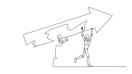 Poster - Animation of continuous one line drawing three robots raised the big arrow together. With great teamwork making graphics can improve. Machine learning process concept. Full length motion