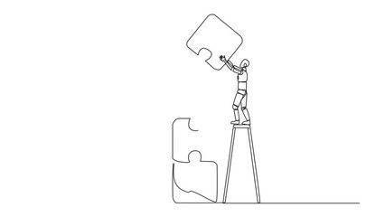 Aufkleber - animated self drawing of continuous one line drawing two robots putting together a puzzle. one of th