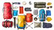 outdoor adventure gear including a red backpack, blue bag, and gray and black glove are laid out on
