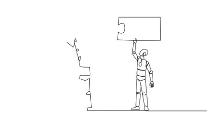 Poster - Animation of a single continuous line drawing of two robots working together carrying a directional arrow puzzle. Metaphors equate ideas. Robots doing teamwork. Future technology. Full length motion