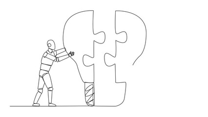 Poster - Animated self drawing single one line drawing two robot pushing two lightbulb-shaped puzzle pieces. Metaphor brings together two ideas. Teamwork of two future robots. Full length single line animation