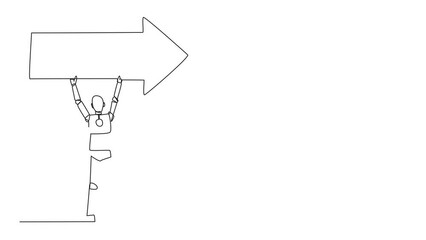Poster - Self drawing animation of single continuous line drawing robotic artificial intelligence together raised arrow above head. Electronic technology. Future technology development. Full length animated