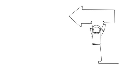 Poster - Animated self drawing of single one line drawing young energetic astronaut lift the arrow-shaped puzzle. Teamwork by telling the direction where the spacecraft lands. Full length single line animation