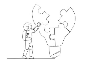 Poster - animated self drawing of single one line drawing of two astronauts working in teams to complete a li