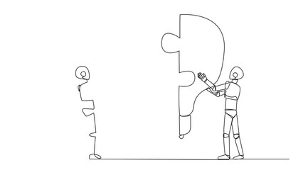 Wall Mural - Self drawing animation of single one line drawing two robots holding up two lightbulb-shaped puzzle pieces. Metaphors elevate and unite brilliant ideas. Teamwork between robots. Full length animated