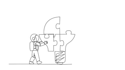 Poster - Animated self drawing single one line drawing two astronauts put together four lightbulb-shaped puzzle pieces. Teamwork brings ideas together. Deep space astronaut. Full length single line animation