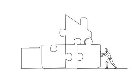 Poster - Self drawing animation of single continuous line drawing two robots put together a square puzzle in the shape of a house. Teamwork and ladders make putting together puzzles. Full length animated