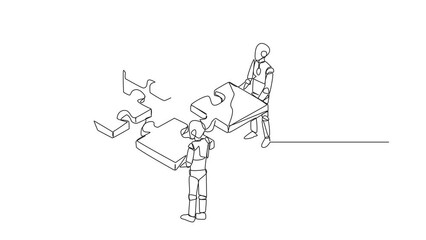 Poster - Self drawing animation of single one line drawing four robotics artificial intelligence standing with each holding a puzzle pieces. Teamwork to put together puzzle. Future tech. Full length animated