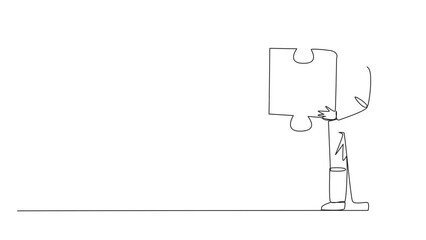 Poster - animated self drawing of continuous one line drawing young energetic astronaut holding a puzzle piec