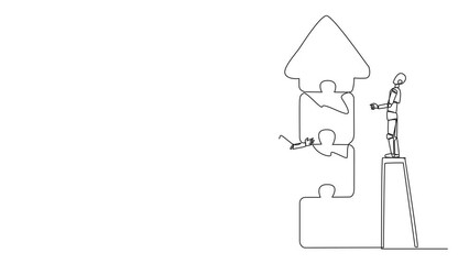 Poster - Animation of a single continuous line drawing two robots doing teamwork together. Climbing the stairs, the two put together a puzzle to form an arrow up. Artificial intelligence. Full length motion