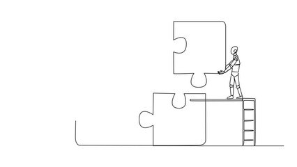 Poster - Self drawing animation of a single continuous line drawing two robots teamwork to put together a square puzzle, one of them climbs a ladder holding up a piece of the puzzle. Full length animated