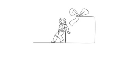Poster - Animated self drawing of continuous one line drawing astronaut pushed giant gift box down with his back from the edge of the cliff. Cosmic galaxy space concept. Full length single line animation