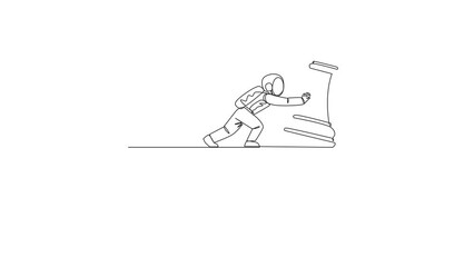 Poster - self drawing animation of single one line drawing astronaut pushes giant chess piece of king over th