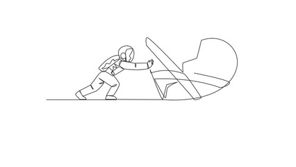 Poster - Self drawing animation of single continuous line drawing astronaut pushing broken heart from the edge of the abyss. Regardless injuries, teamwork is paramount during expeditions. Full length animated