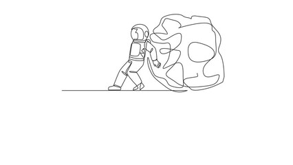 Poster - self drawing animation of continuous one line drawing astronaut pushed giant tangled circle down wit