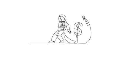 Poster - self drawing animation of continuous one line drawing astronaut pushed giant money bag down with his