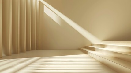 Wall Mural - Minimalist beige room with sunlight casting shadows through blinds on stairs and wall